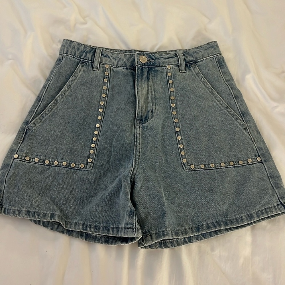 Gracia studded jean shorts. Mid thigh - maybe a little higher